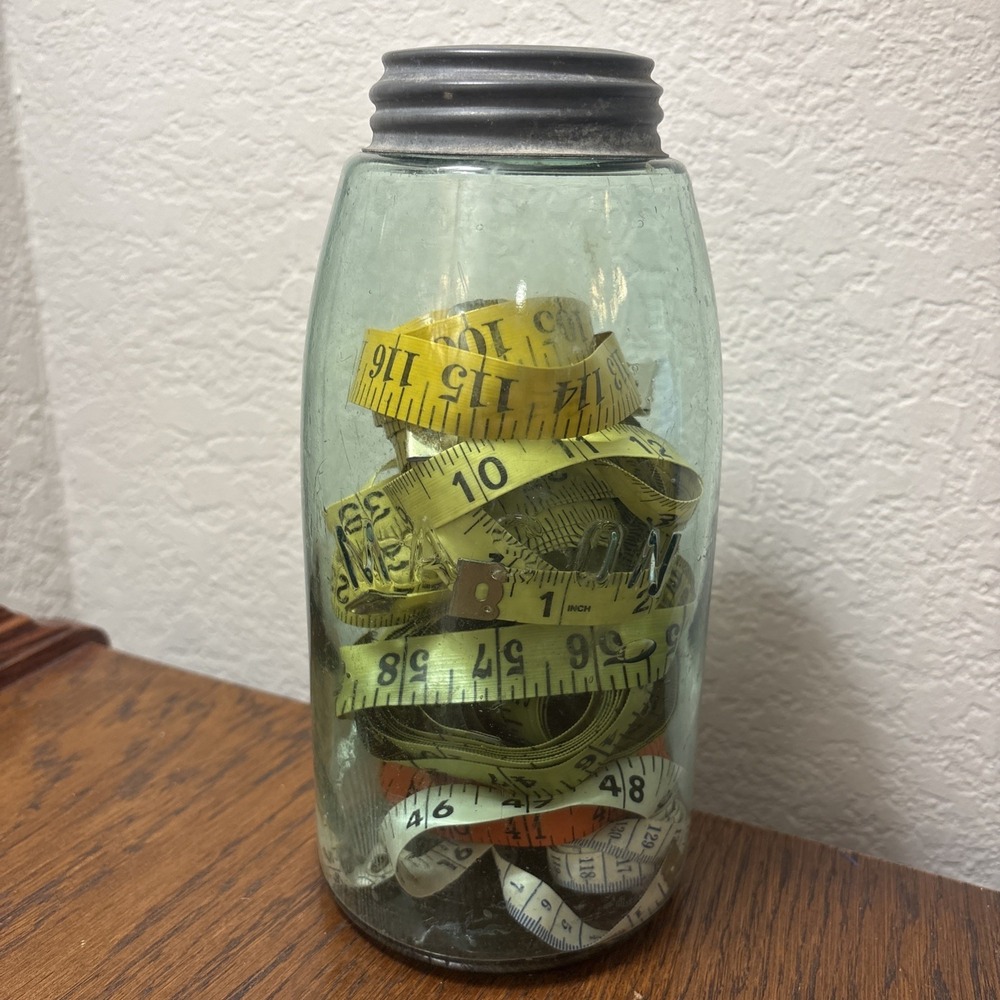 Vtg Antique Late 1800s Green Arched Mason Quart Zinc Cap Tape Measure Collection